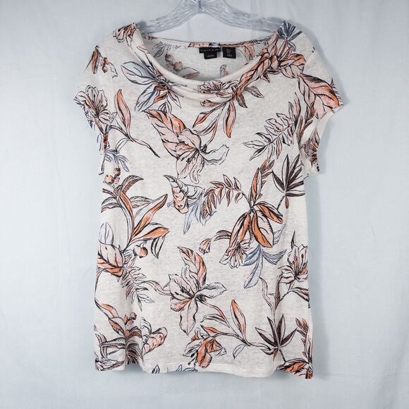 Tahari Linen Slub Knit Top Womens Large Tropical Floral Cowl Neck Cap Sleeve - Picture 1 of 12